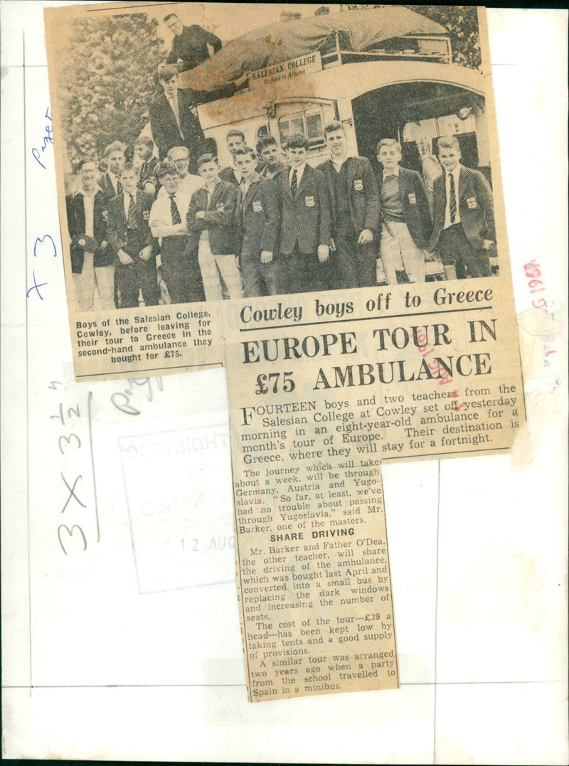 Boys and teachers from the Salesian College in Cowley, UK, set off in an eight-year-old ambulance for a month-long tour of Europe. - Vintage Photograph