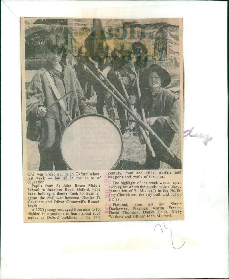 Pupils from St John Bosco Middle School in Oxford, UK, reenact a scene from the English Civil War. - Vintage Photograph