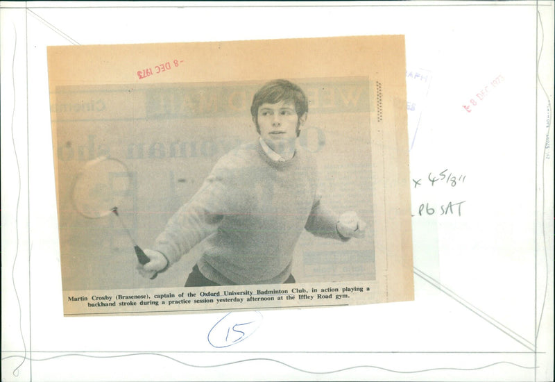 Oxford University Badminton Club captain Martin Crosby playing backhand stroke during practice. - Vintage Photograph