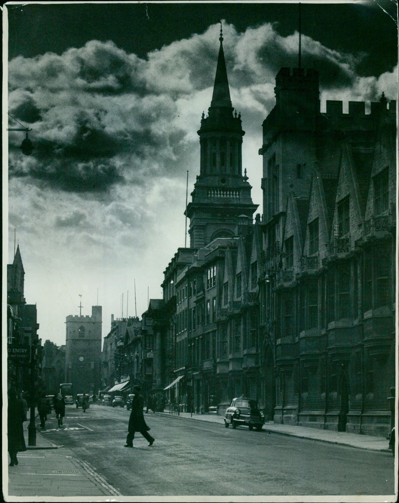 View of Oxford's historic cityscape illuminated against a twilight sky. - Vintage Photograph