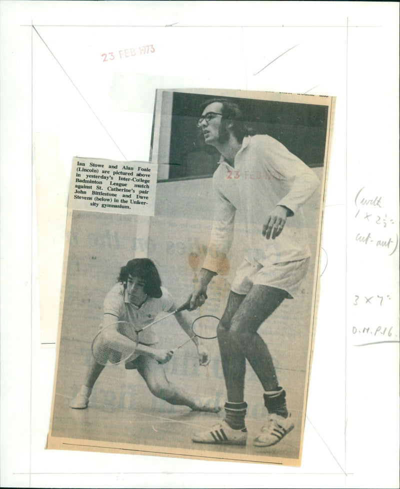 Ian Stowe and Alan Foale (Lincoln) face off against St. Catherine's pair John Bittlestone and Dave Stevens in a Inter-College Badminton League match. - Vintage Photograph