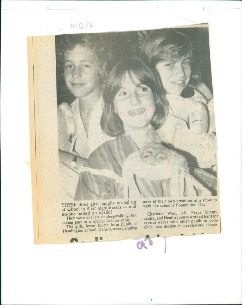 Three Headington School students model their own designs in a special fashion show to mark the school's Foundation Day. - Vintage Photograph