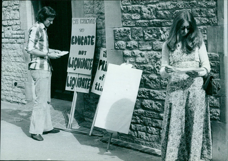 Demonstrators outside St. Aldates College in Rose Place, UK. - Vintage Photograph