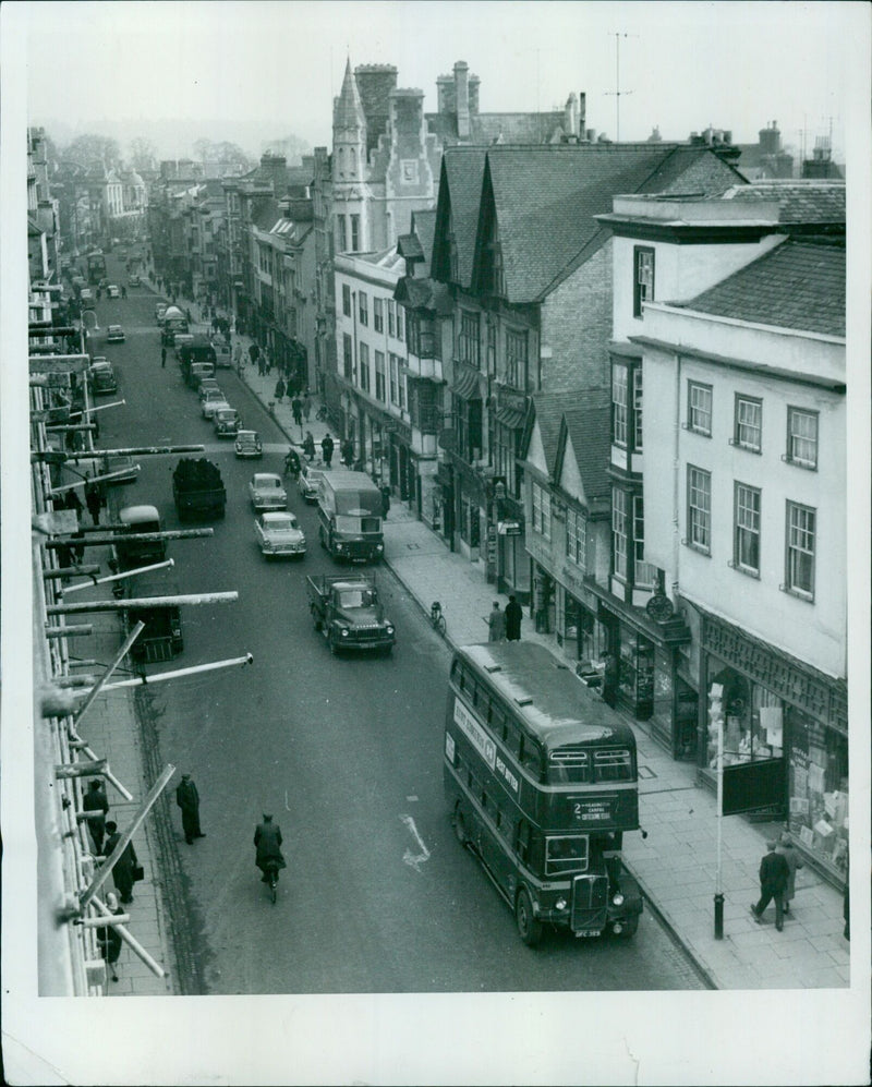 A First Reading Town Carfax cutter line passes through Oxford High Street in Oxfordshire, England. - Vintage Photograph