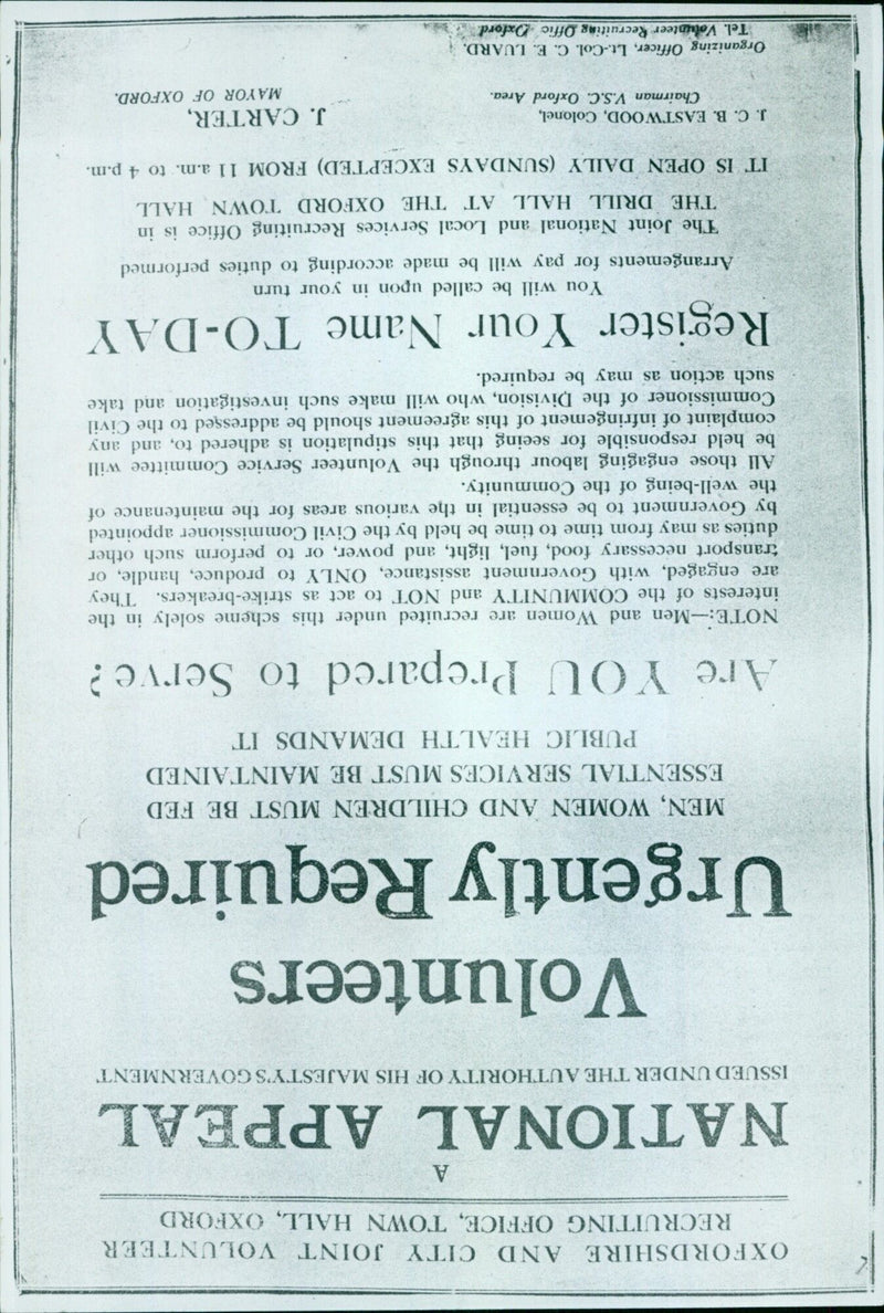 Volunteers are urged to sign up for the joint national and local services recruiting office at Oxford Town Hall. - Vintage Photograph