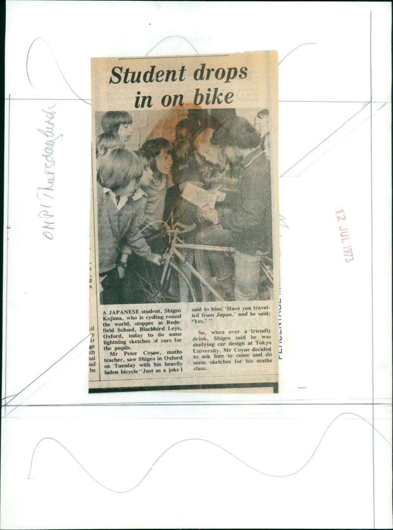 Japanese student Shigeo Kojima stops by Redefield School in Oxford to do sketches of cars for the pupils. - Vintage Photograph