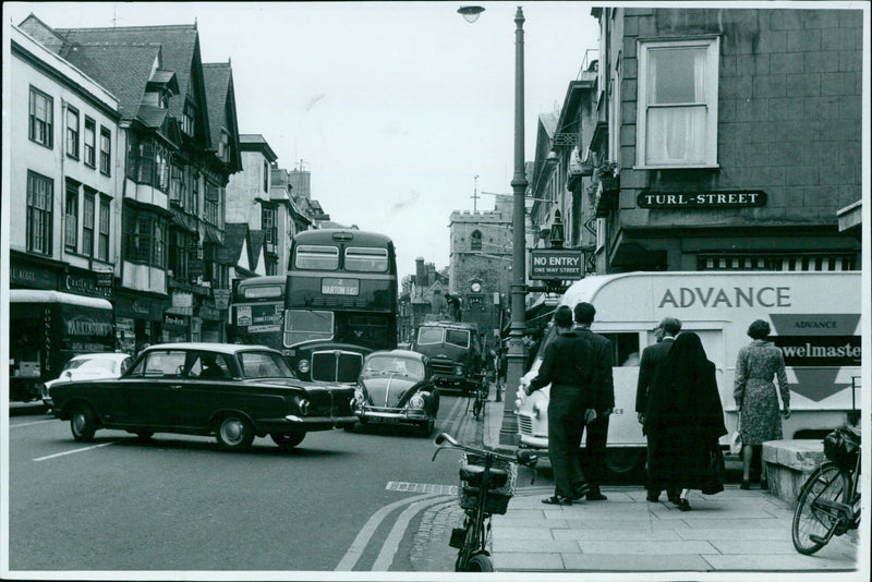 A street scene outside Atkins Parkinson's Autal True-form factory in Barton East, with a "No Entry" sign and a one-way street. - Vintage Photograph