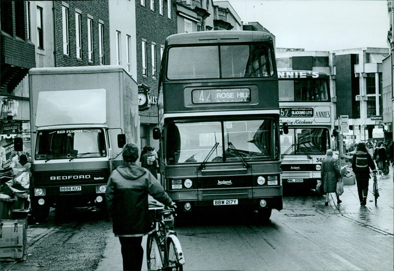 Congestion in Queen Street caused by a bus and several cars. - Vintage Photograph