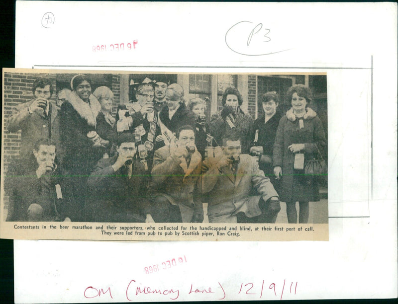 Contestants and supporters of a beer marathon at their first port of call. - Vintage Photograph