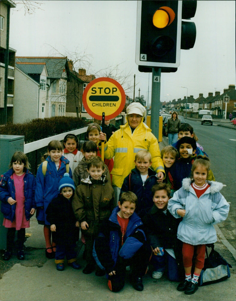 Mrs. Joyce Bellinger retires from her position as a lollipop lady at St. Francis School. - Vintage Photograph