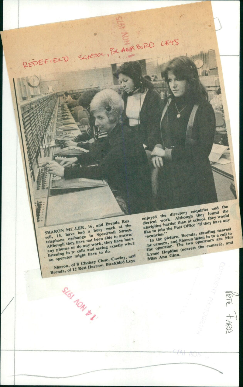 Sharon Miller and Brenda Russell, both 15, observe the operations of a telephone exchange in Speedwell Street. - Vintage Photograph