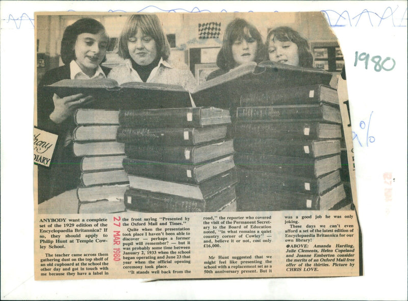 Four students at Temple Cowley School consider a free offer of the 1930s. - Vintage Photograph