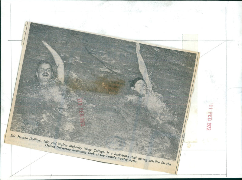 Eric Hanson (Ballion) and Walter Moberley (New College) compete in a backstroke duel during Oxford University Swimming Club practice. - Vintage Photograph