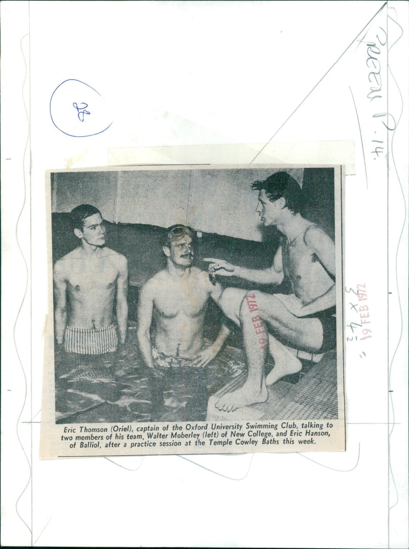 Oxford University Swimming Club captain Eric Thomson speaks with team members Walter Moberley and Eric Hanson after practice. - Vintage Photograph
