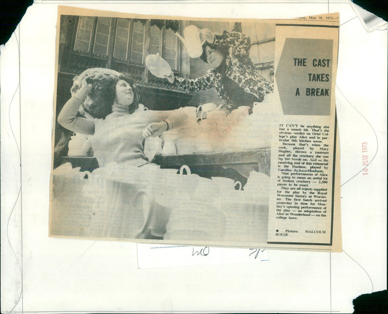 Oriel College's play Alice takes a break during a rehearsal with cast members Mary Hughes and Caroline Jackson-Houlsion. - Vintage Photograph