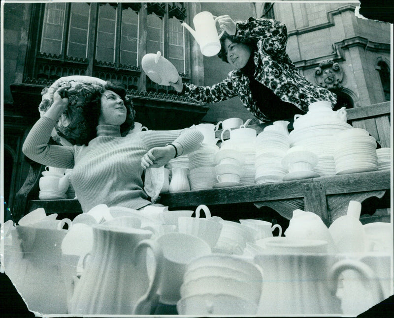 Oriel College's play Alice takes a break during a rehearsal with cast members Mary Hughes and Caroline Jackson-Houlsion. - Vintage Photograph