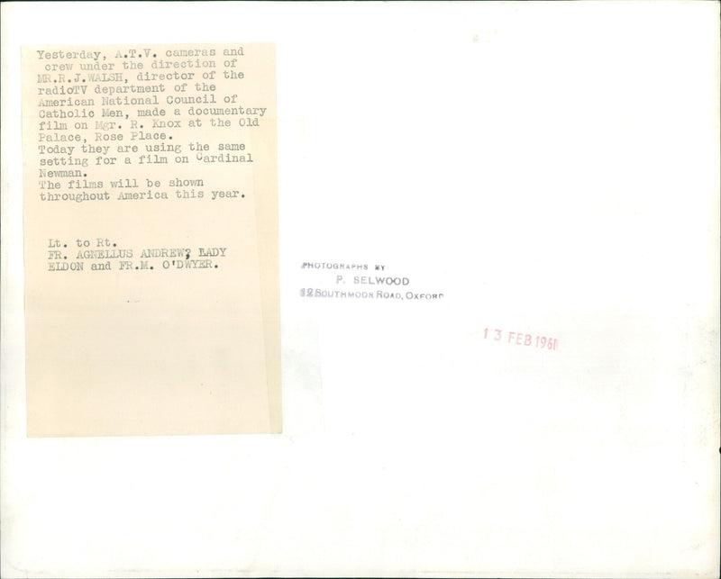 Father Agnellus Andrew, Lady Eldon, and Father M. O' Dwyer are filmed in the Old Palace, Rose Place for a documentary on Cardinal Newman. - Vintage Photograph
