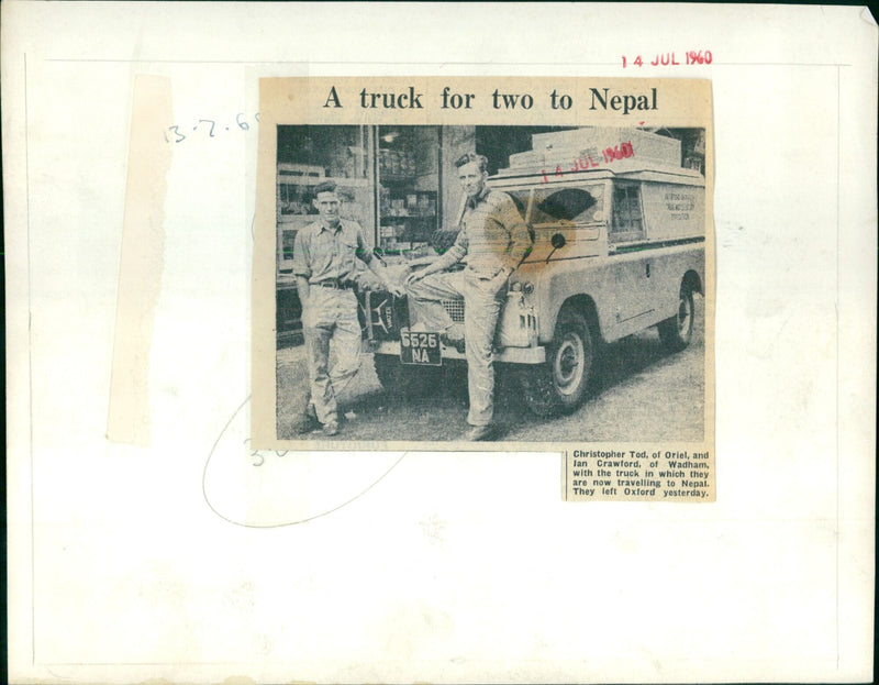 Christopher Tod and lan Crawford of Oxford University pose with their truck before setting off on a Middle Eastern Expedition to Nepal. - Vintage Photograph