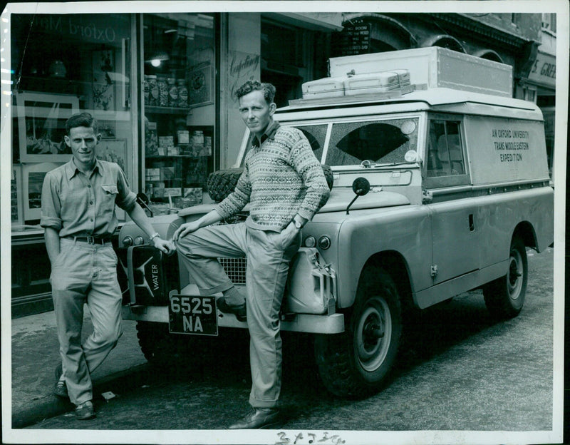 Christopher Tod and lan Crawford of Oxford University pose with their truck before setting off on a Middle Eastern Expedition to Nepal. - Vintage Photograph