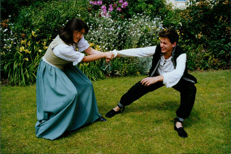 Actors Theo Landey and Kate Smillie performing a scene from Shakespeare's "A Midsummer Night's Dream" - Vintage Photograph