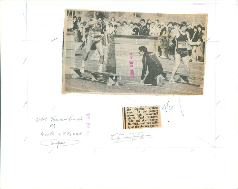 Basketball player Paul Stimpson and skier Konrad Bartelski compete in the Supersta obstacle course. - Vintage Photograph