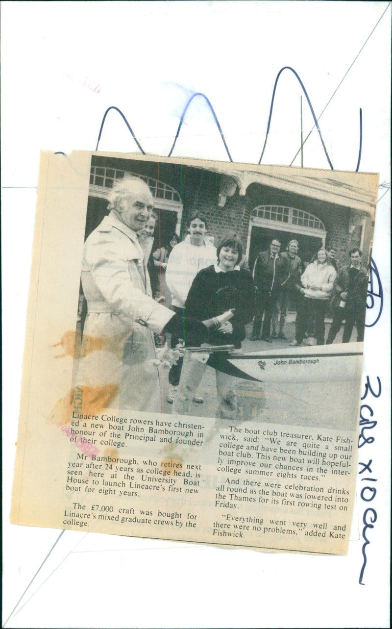 Linacre College Principal John Bamborough launches the college's first new boat in eight years. - Vintage Photograph