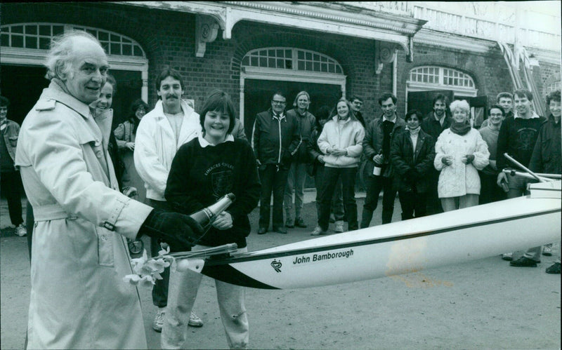 Linacre College Principal John Bamborough launches the college's first new boat in eight years. - Vintage Photograph