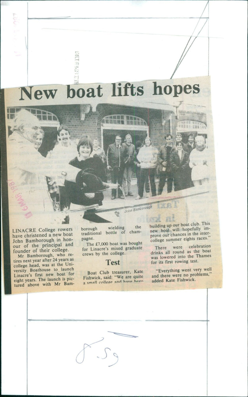 Linacre College rowers christen a new boat, John Bamborough, in honor of the college's retiring principal. - Vintage Photograph