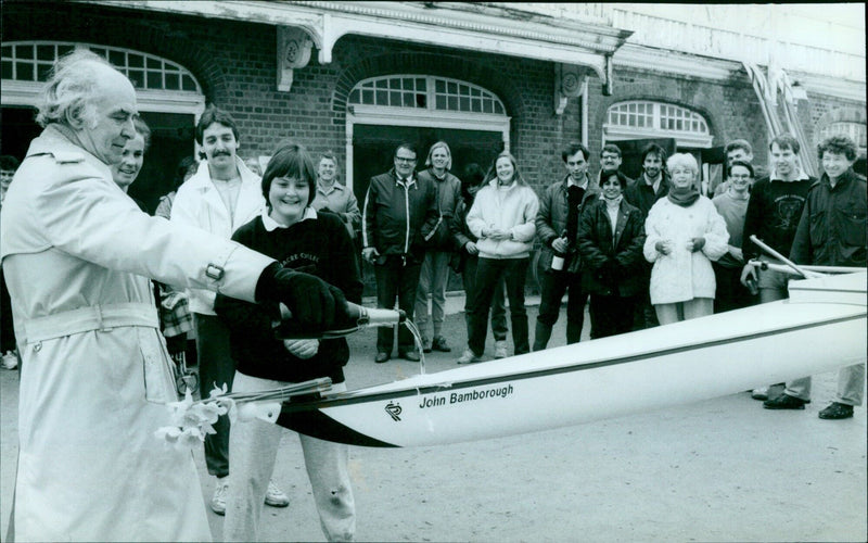 Linacre College rowers christen a new boat, John Bamborough, in honor of the college's retiring principal. - Vintage Photograph