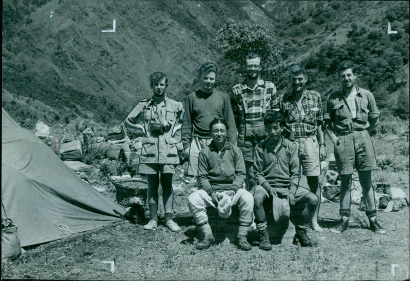 Five members of the Oxford University expedition to Nepal, with two Sherpas. - Vintage Photograph