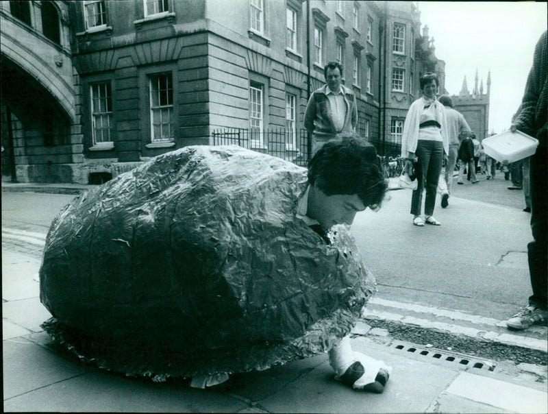 Three students take a tortoise for a walk to help raise money for an expedition to Madagascar. - Vintage Photograph