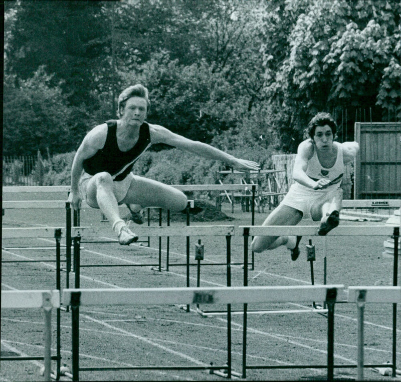 Keble's K. Browlees and Magdalen's P. Aylward tie for first place in the 120 yards hurdles. - Vintage Photograph