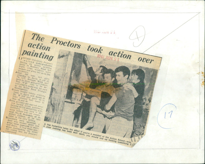 Proctors take action to break up an action painting party at an Oxford University house. - Vintage Photograph