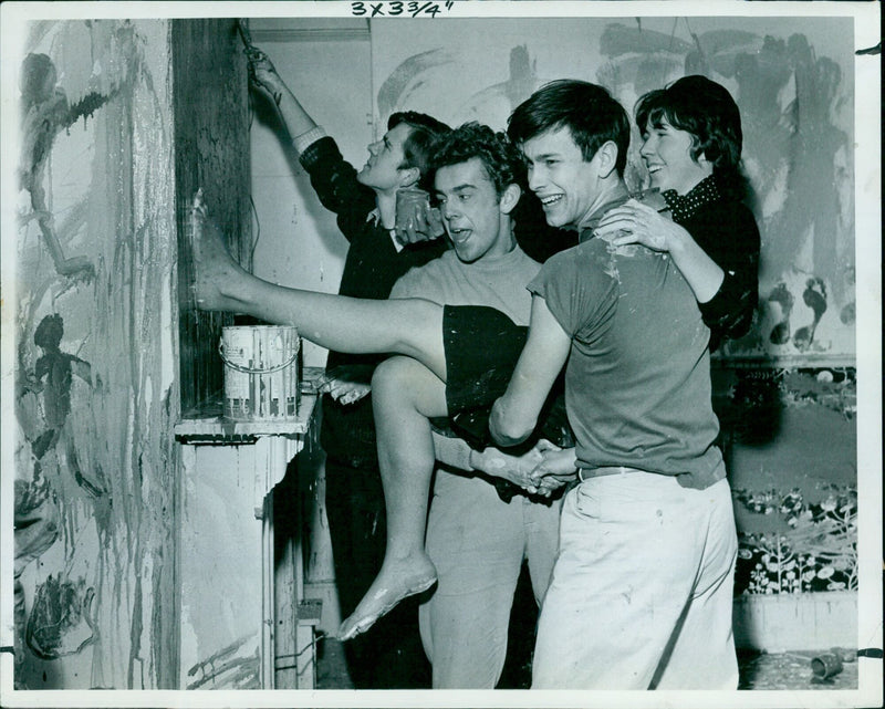 Proctors take action to break up an action painting party at an Oxford University house. - Vintage Photograph