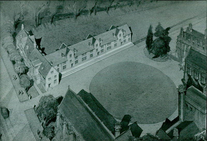 The new building for Mansfield College, Oxford, designed by T. Rayson, F.R.I.B.A., featuring a painting accepted by the Royal Academy. - Vintage Photograph