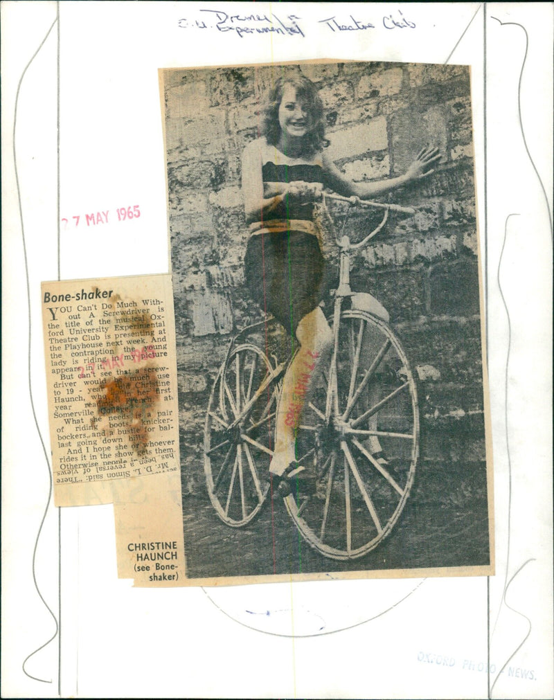 Christine Haunch, 19, takes a spin in a Bone-shaker, a contraption used in the upcoming musical of the same name at the Oxford University Experimental Theatre Club. - Vintage Photograph