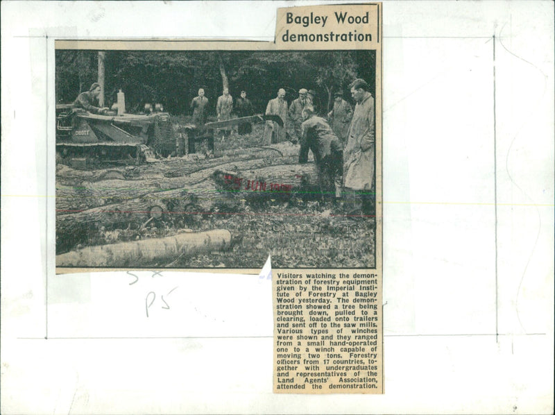 Forestry officers, undergraduates and representatives of the Land Agents' Association watch a demonstration of forestry equipment at Bagley Wood. - Vintage Photograph