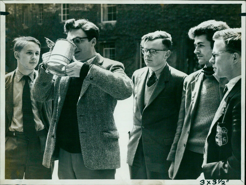 Three people drinking ground-ivy beer to celebrate Ascension Day in 1939. - Vintage Photograph