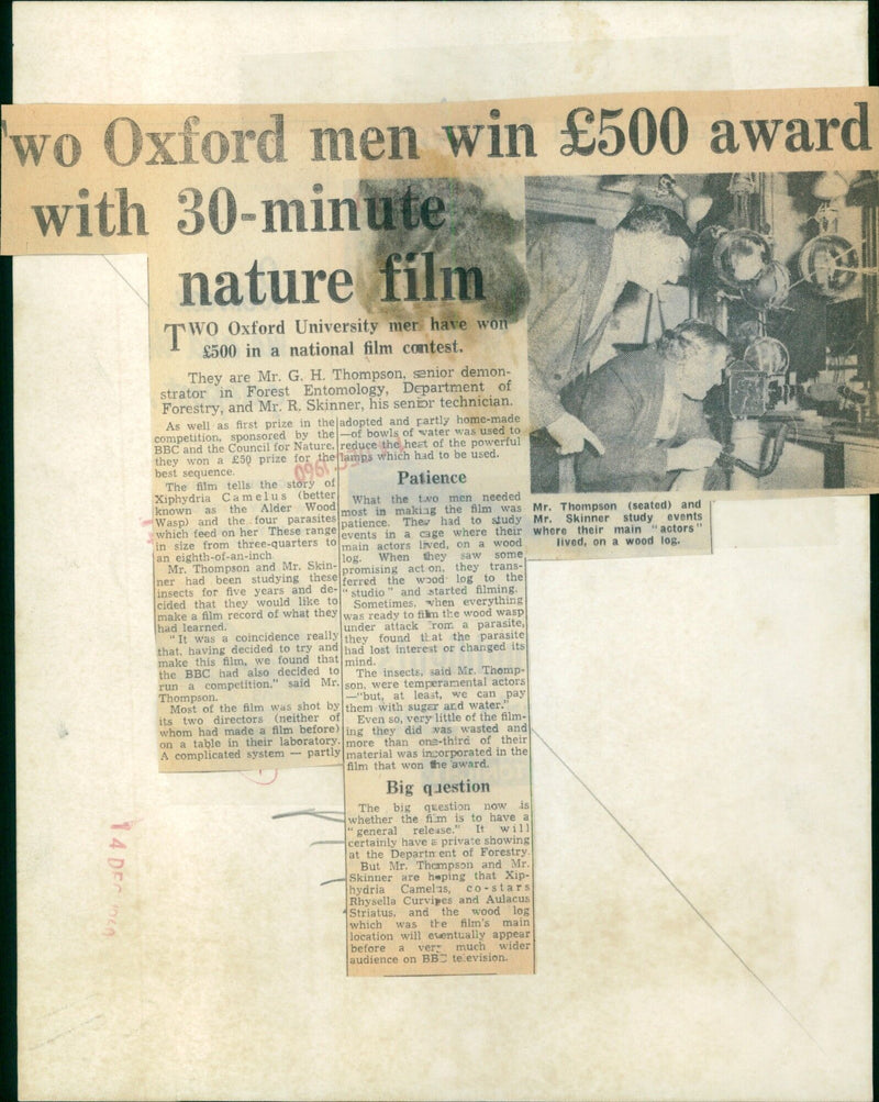 Oxford University men win £500 with 30-minute nature film - Vintage Photograph