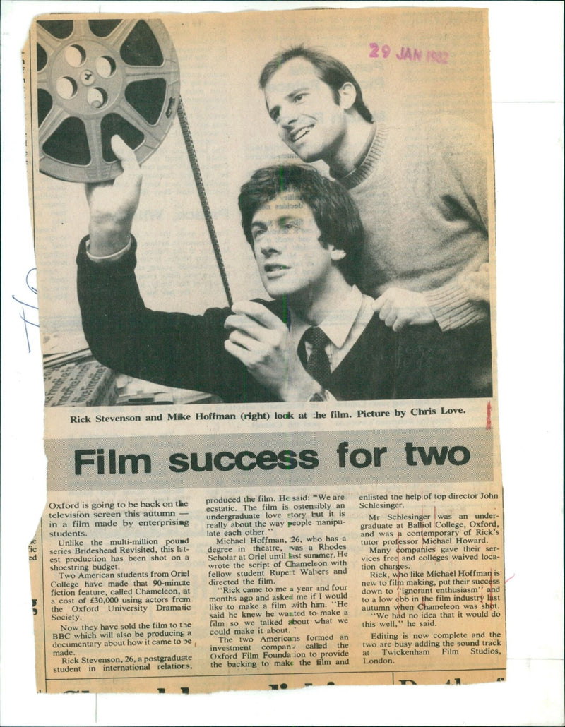 Rick Stevenson (left) and Mike Hoffman (right) look at the film they produced on a shoestring budget during post-production at Twickenham Film Studios, London. - Vintage Photograph