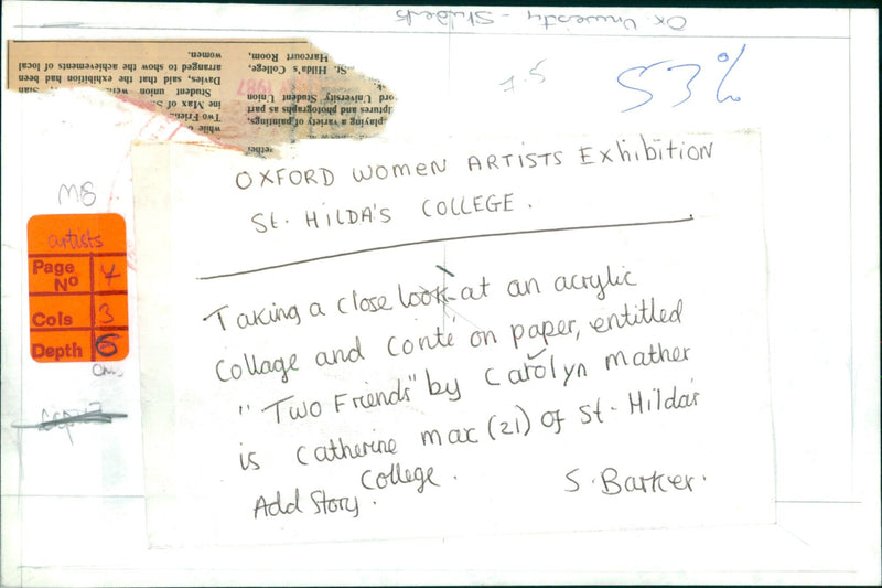 Two friends view artwork from the "Women Artists" exhibition at St. Hilda's College in Oxford, UK. - Vintage Photograph