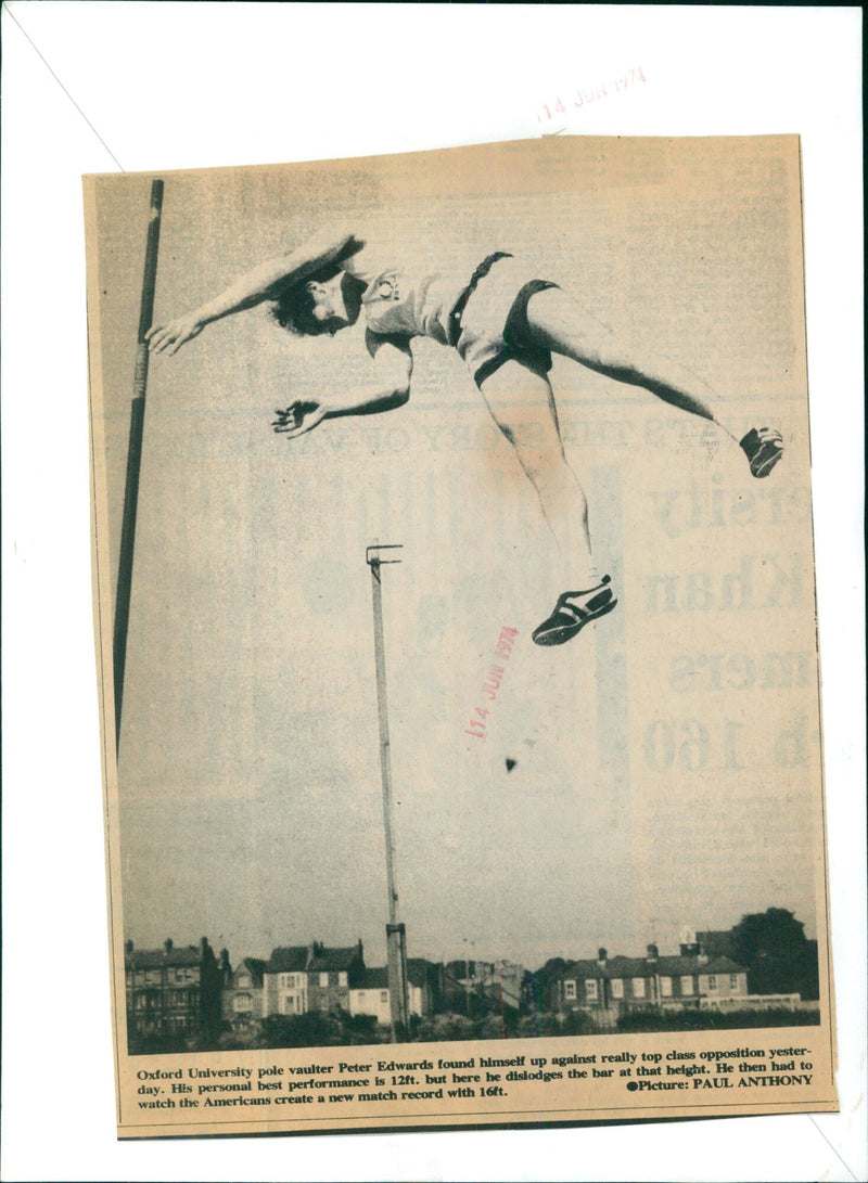 Oxford University pole vaulter Peter Edwards fails to clear the bar at 12ft. - Vintage Photograph