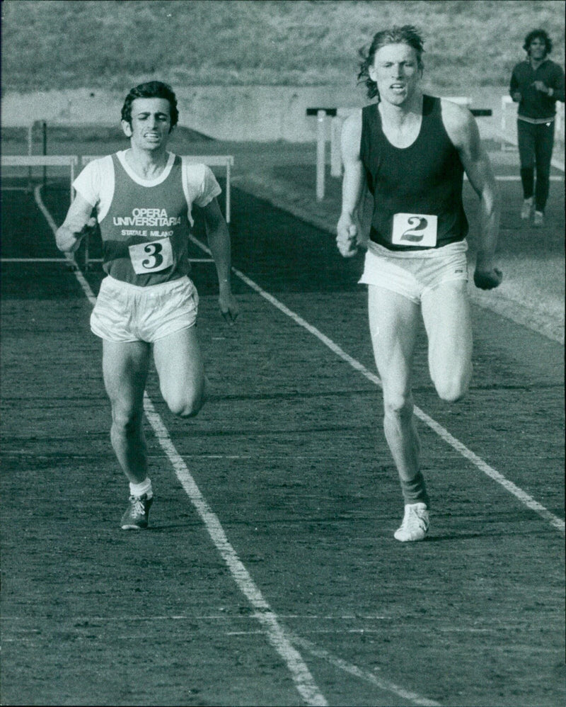 Oxford Mail’s Axel Salander leads the 400 mts hurdles race. - Vintage Photograph