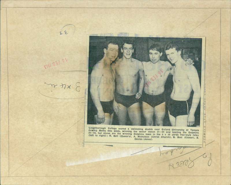 Oxford University Dolphins team at the 4x50 yards freestyle relay at Temple Cowley Baths. - Vintage Photograph