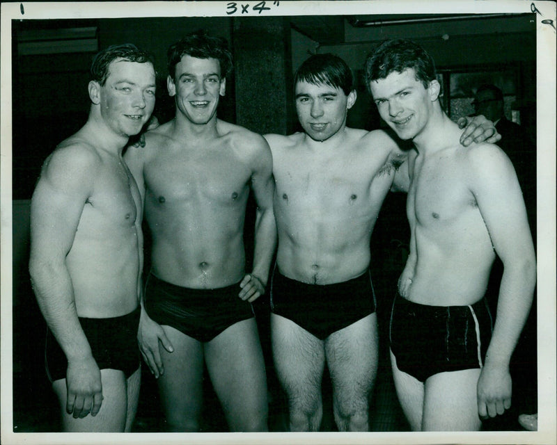 Oxford University Dolphins team at the 4x50 yards freestyle relay at Temple Cowley Baths. - Vintage Photograph