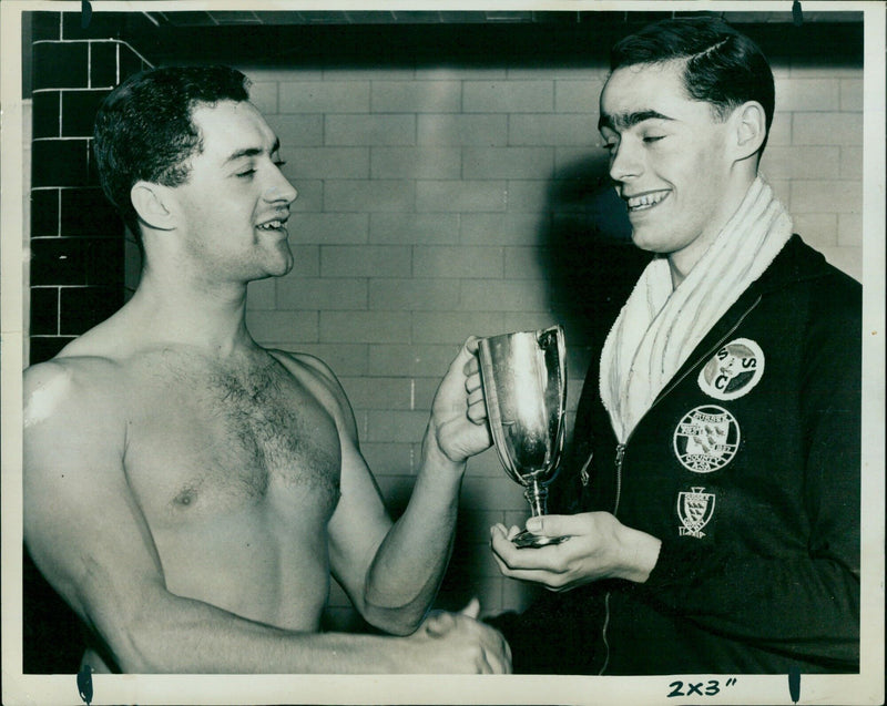 Oxford University Swimming Club presenting the Brewer Freshman's Challenge Cup at a match with the Metropolitan Police. - Vintage Photograph