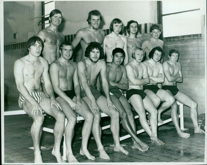 The Oxford University Swimming team celebrates their victory over 3e dforc Modern at the Cowley Baths this week. - Vintage Photograph