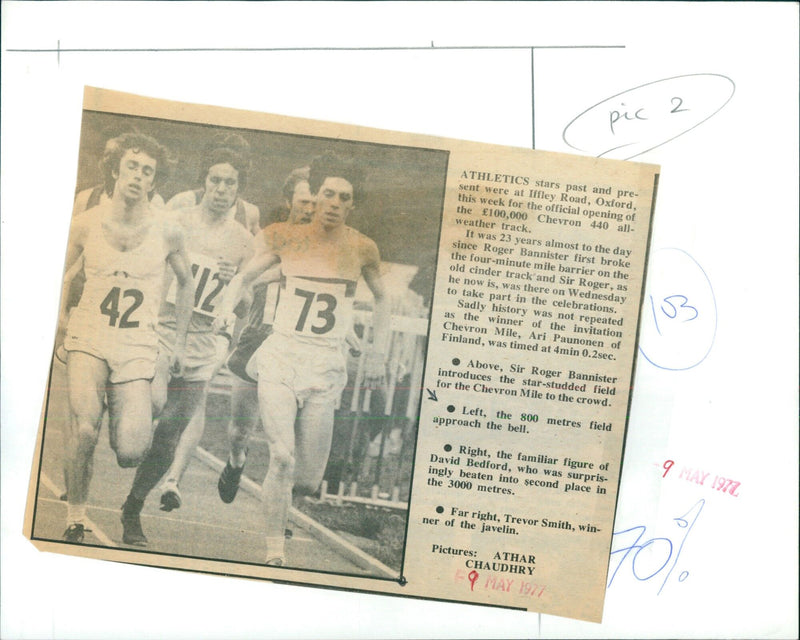 Sir Roger Bannister introduces the star-studded field at the opening of the Chevron 440 all-weather track at Iffley Road, Oxford. - Vintage Photograph