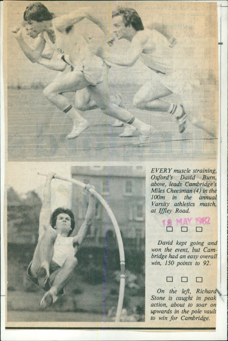 David Burn of Oxford leads Miles Cheesman of Cambridge in the 100m at the annual Varsity athletics match at Iffley Road. - Vintage Photograph