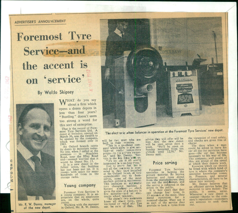 An electronic wheel balancer in operation at Foremost Tyre Services' new depot in Oxford, England on May 4, 1967. - Vintage Photograph